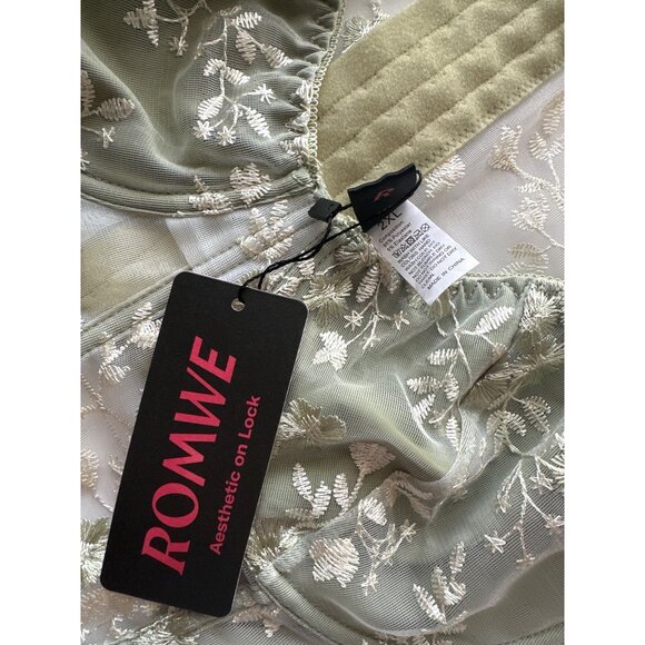 NWT Romwe Floral Embroidered Sheer Mesh Puff Sleeve Crop Top Green White XXL - Picture 4 of 4